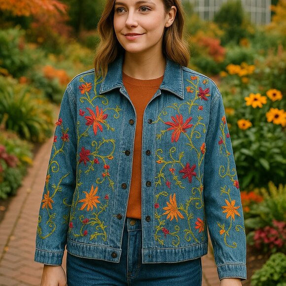 Tantrums Tops - Tantrums Blue Denim Button-Down Jacket with Orange & Red Floral Embroidery